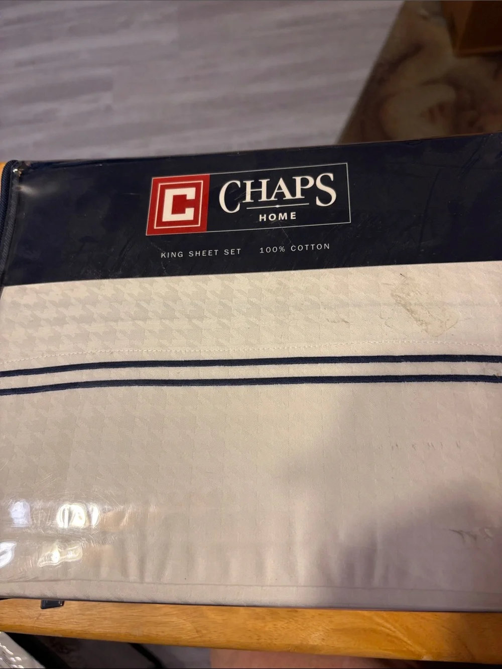 Chaps Home White Sheet Set with Navy Double Stripe